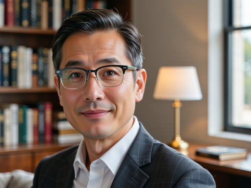 四十五岁左右男性咨询师头像，戴眼镜，穿深蓝色衬衫，书架背景