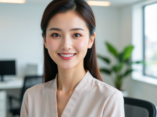三十多岁女性咨询师头像，穿粉色衬衫，办公室背景，亲和笑容