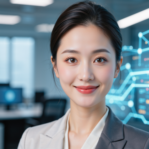 三十五岁左右女性技术总监头像，穿职业装，科技背景，自信表情